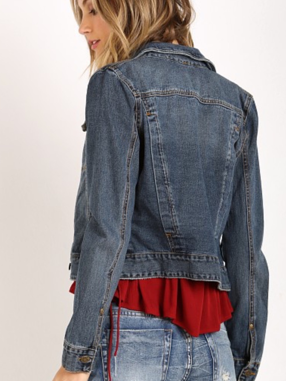 Free People Denim Jacket Large Blue Jean Jacket Classic Trucker Stretch Casual - Picture 2 of 9